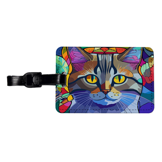 Cat Stained Glass Style Travel Faux Leather Luggage Tag