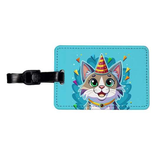 Cat Wearing Birthday Hat Travel Faux Leather Luggage Tag