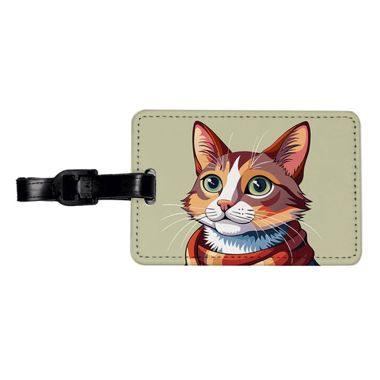 Cat Wearing Scarf Travel Faux Leather Luggage Tag
