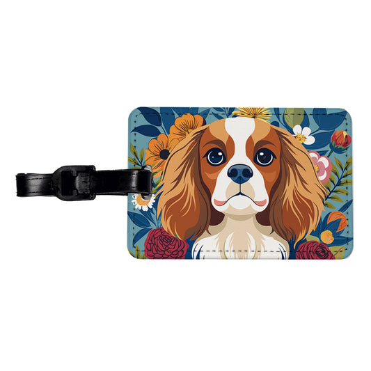 Cavalier King Charles Spaniel Dog Floral Flowers Travel Faux Leather Luggage Tag