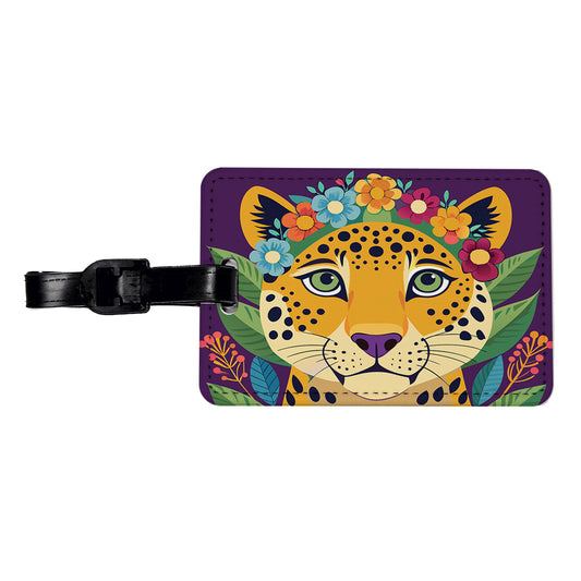 Cheetah Head Floral Flowers Travel Faux Leather Luggage Tag