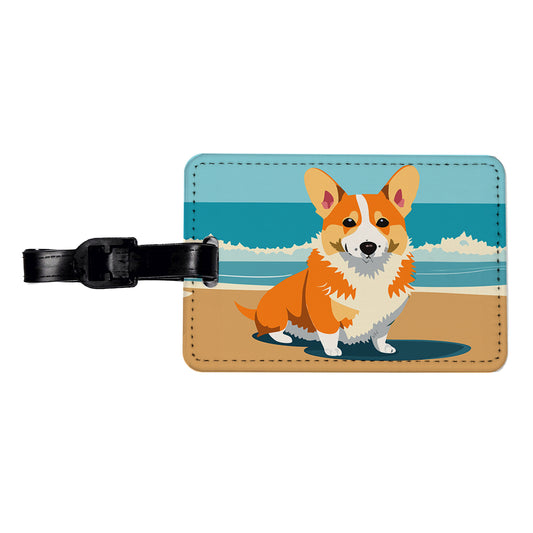 Corgi Dog on the Beach Ocean Travel Faux Leather Luggage Tag