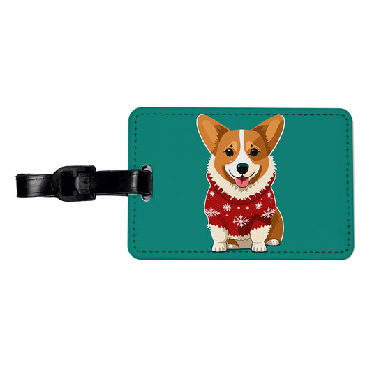 Corgi Wearing Christmas Sweater Travel Faux Leather Luggage Tag
