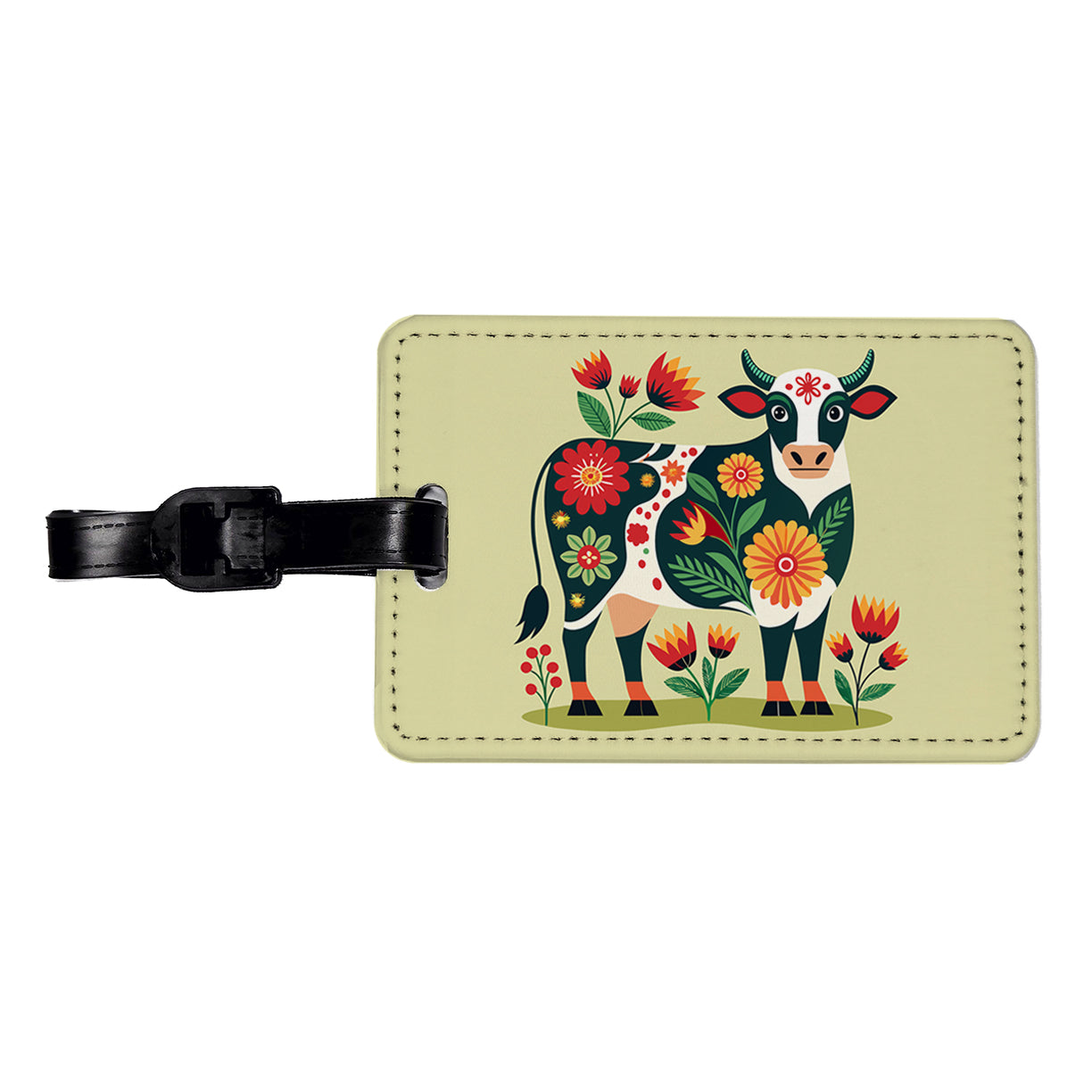 Cow Floral Motif Travel Faux Leather Luggage Tag