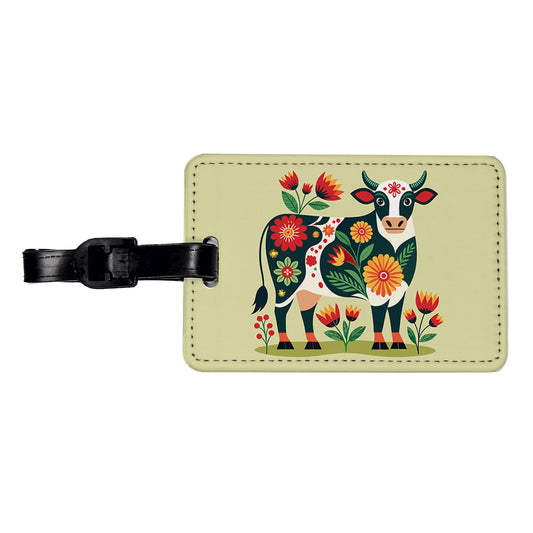 Cow Floral Motif Travel Faux Leather Luggage Tag
