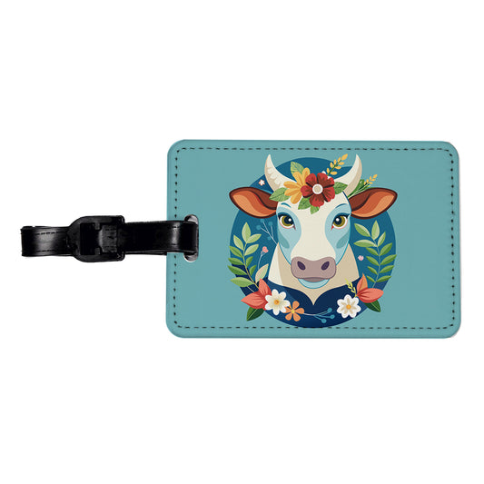Cow Head Floral Flowers Travel Faux Leather Luggage Tag