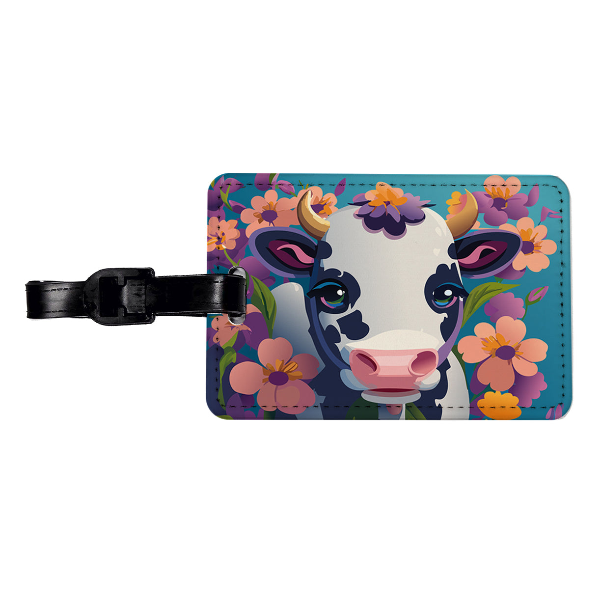 Cow with Flowers Travel Faux Leather Luggage Tag