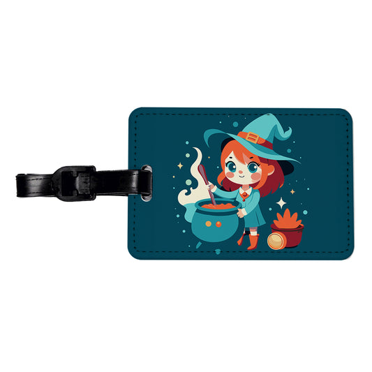 Cute Witch Stirring Cauldron Halloween Travel Faux Leather Luggage Tag