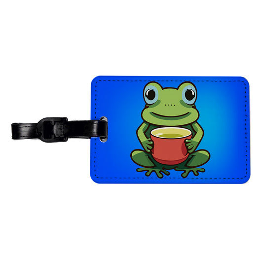 Frog Drinking Tea Funny Travel Faux Leather Luggage Tag