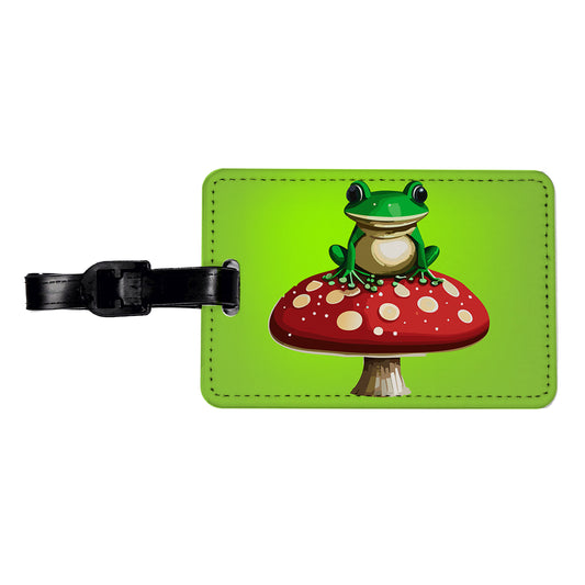 Frog on Red Toadstool Mushroom Travel Faux Leather Luggage Tag