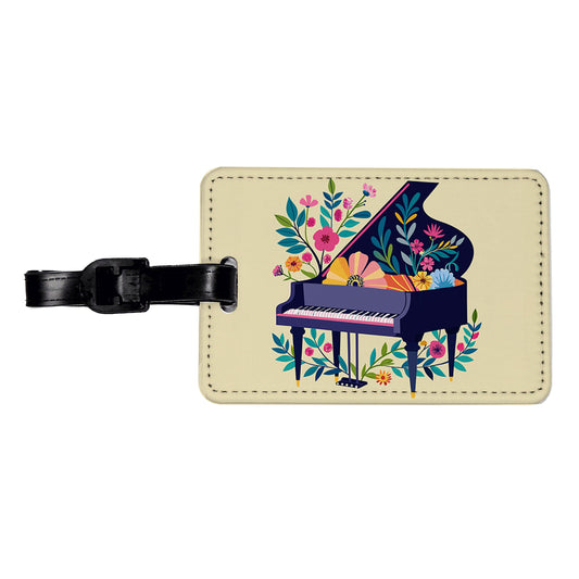 Grand Piano Music Floral Motif Travel Faux Leather Luggage Tag