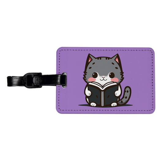 Gray Cat Reading Book Travel Faux Leather Luggage Tag