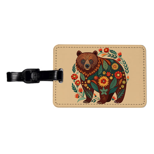 Grizzly Bear Floral Motif Travel Faux Leather Luggage Tag