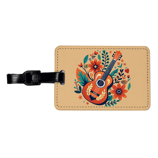 Guitar Music Floral Motif Travel Faux Leather Luggage Tag
