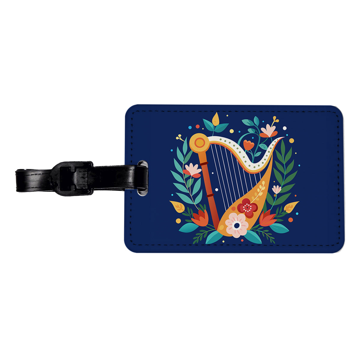 Harp Music Floral Motif Travel Faux Leather Luggage Tag