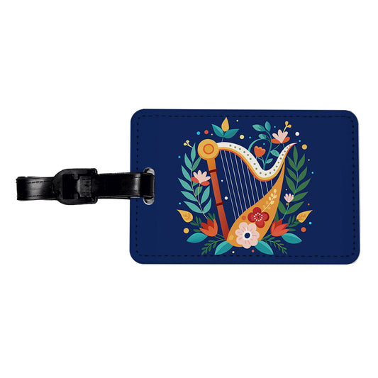 Harp Music Floral Motif Travel Faux Leather Luggage Tag