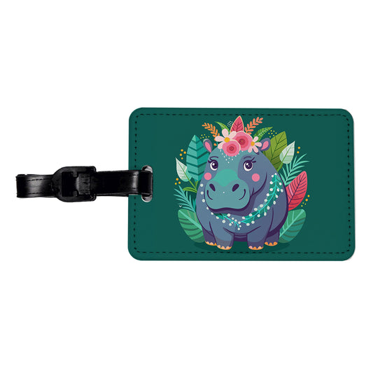 Hippopotamus Floral Flowers Travel Faux Leather Luggage Tag