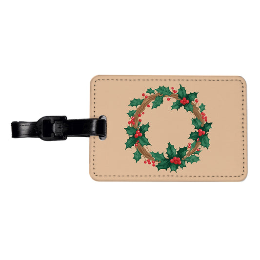 Holly Christmas Wreath Watercolor Travel Faux Leather Luggage Tag