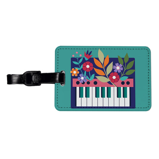 Keyboard Piano Music Floral Motif Travel Faux Leather Luggage Tag