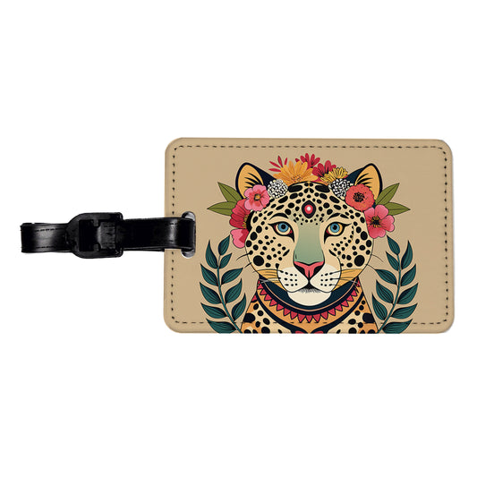 Leopard Head Floral Flowers Travel Faux Leather Luggage Tag