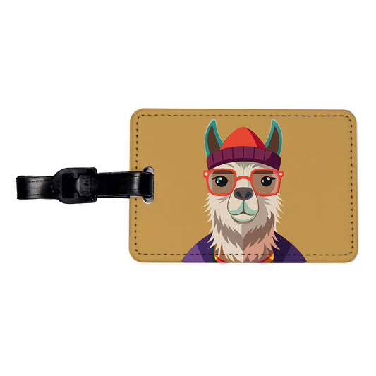 Llama Hipster Funny Wearing Glasses Hat Travel Faux Leather Luggage Tag