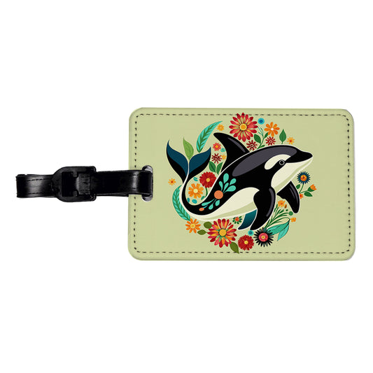 Orca Whale Floral Flowers Travel Faux Leather Luggage Tag