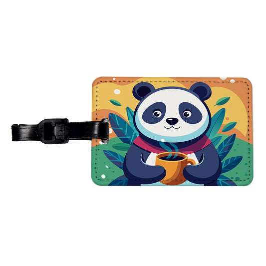 Panda Drinking Coffee Travel Faux Leather Luggage Tag