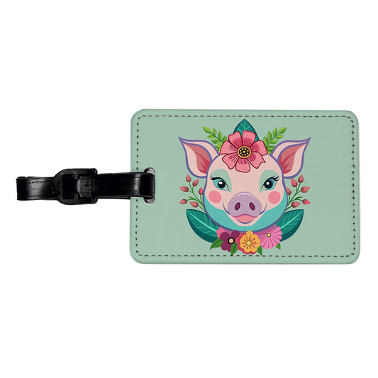 Pig Head Floral Flowers Travel Faux Leather Luggage Tag