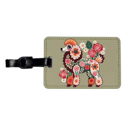Poodle Dog Floral Motif Travel Faux Leather Luggage Tag