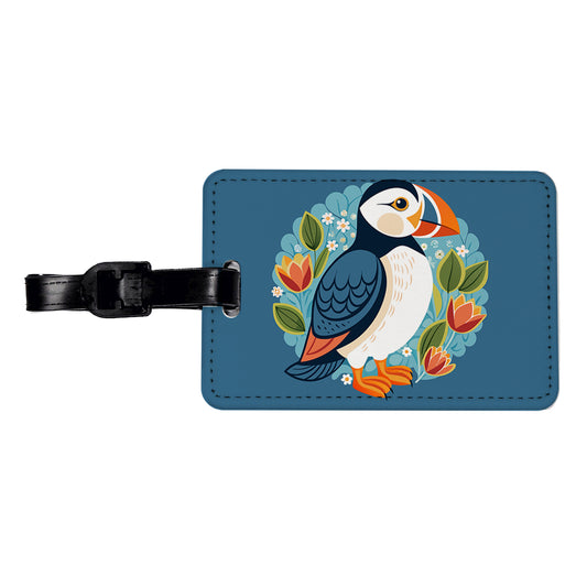 Puffin Bird Floral Flowers Travel Faux Leather Luggage Tag