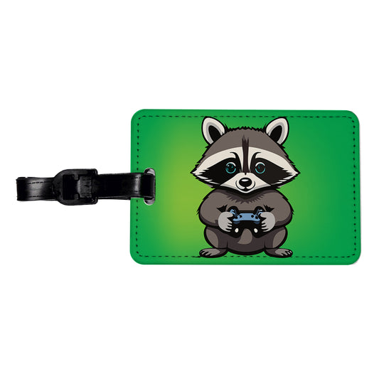 Raccoon Gamer Gaming Playing Game Travel Faux Leather Luggage Tag