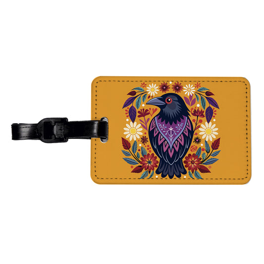 Raven Bird Floral Flowers Travel Faux Leather Luggage Tag