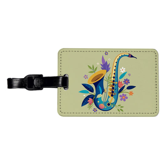 Saxophone Instrument Music Floral Motif Travel Faux Leather Luggage Tag