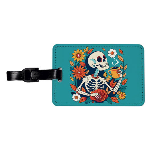 Skeleton Drinking Coffee Funny Floral Flowers Travel Faux Leather Luggage Tag