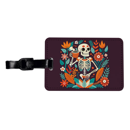 Skeleton Drinking Tea Funny Floral Flowers Travel Faux Leather Luggage Tag