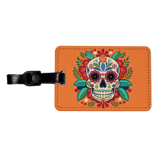Sugar Skull with Floral Background Travel Faux Leather Luggage Tag