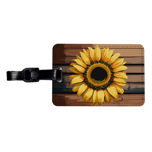 Sunflower Flower Vintage Barnwood Travel Faux Leather Luggage Tag