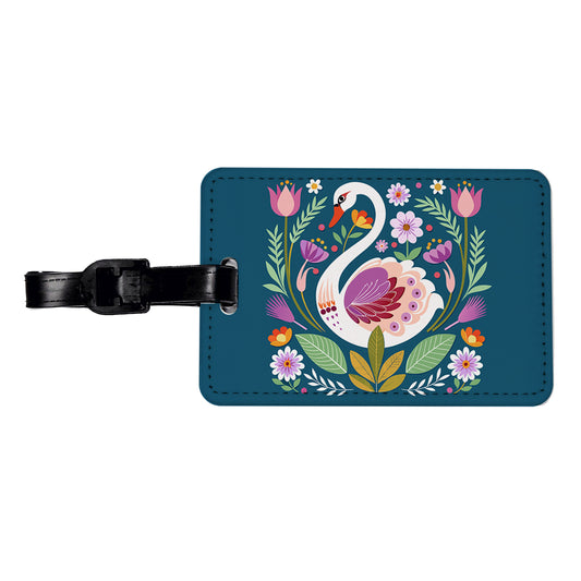 Swan Bird Floral Flowers Travel Faux Leather Luggage Tag
