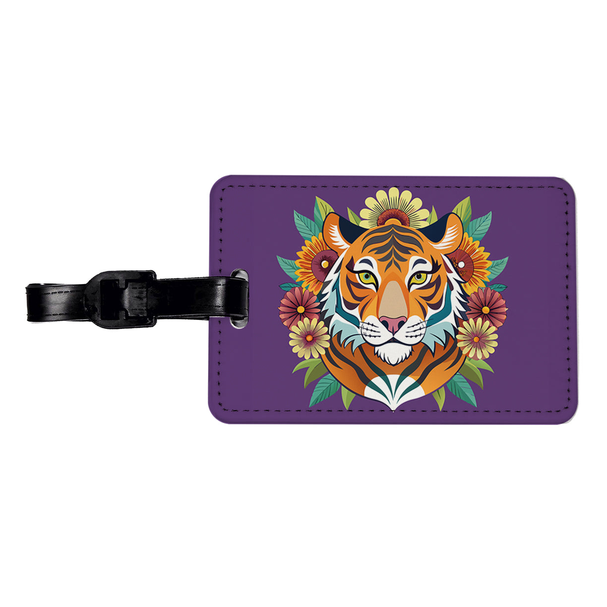 Tiger Head Floral Flowers Travel Faux Leather Luggage Tag