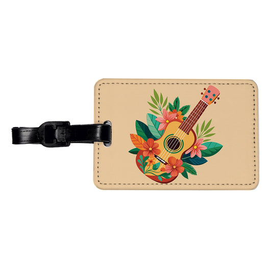 Ukulele Music Tropical Floral Motif Travel Faux Leather Luggage Tag