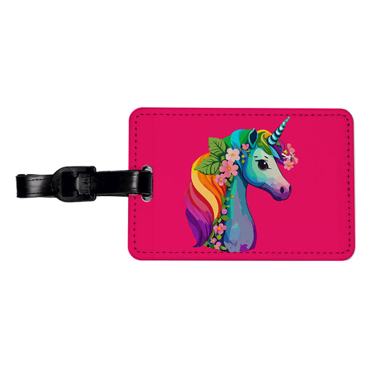 Unicorn Rainbow Head Flowers Travel Faux Leather Luggage Tag