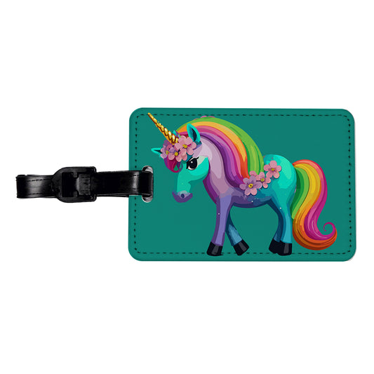 Unicorn Rainbow Standing Flowers Travel Faux Leather Luggage Tag