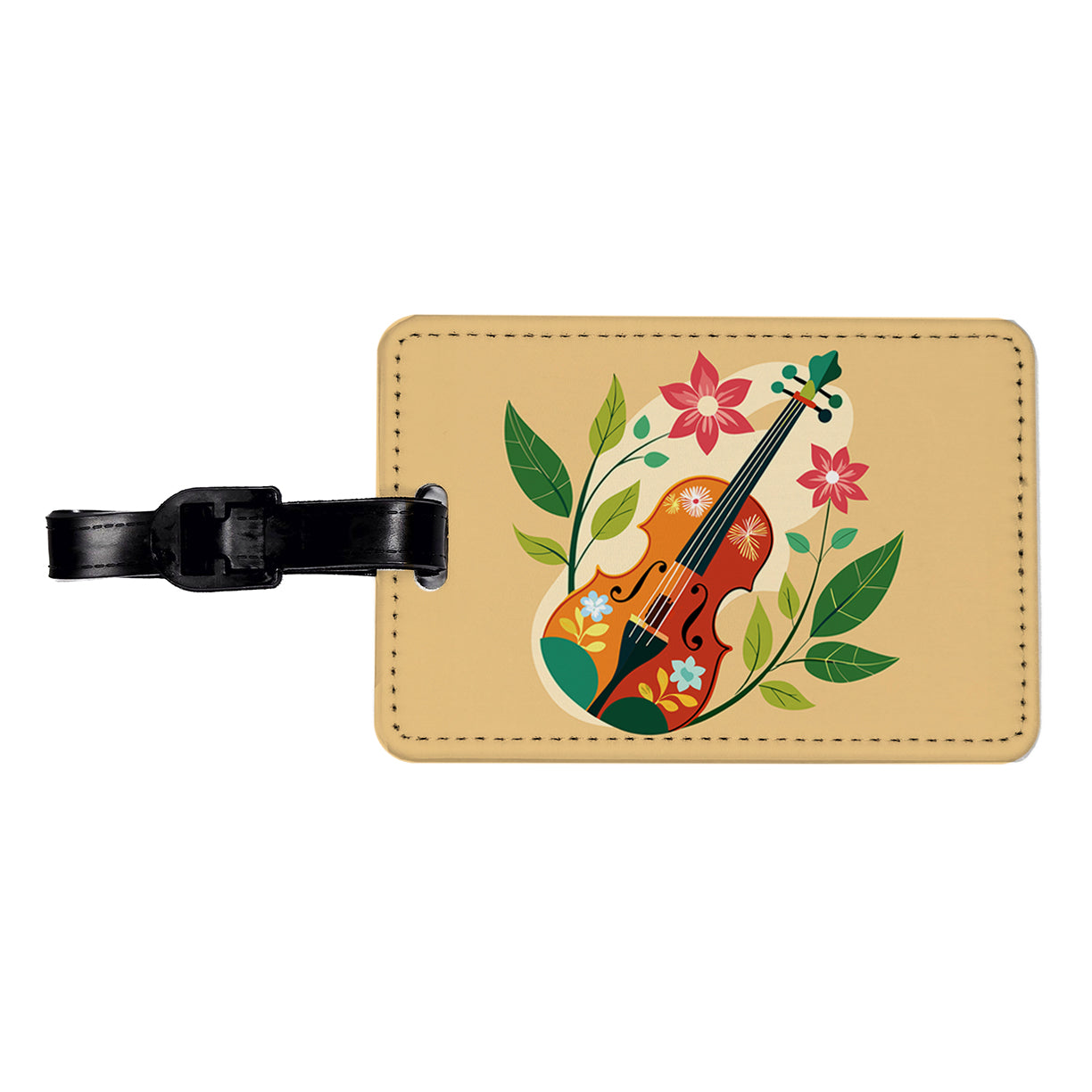 Violin Music Floral Motif Travel Faux Leather Luggage Tag