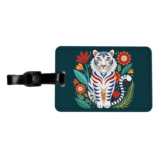 White Tiger Floral Flowers Travel Faux Leather Luggage Tag