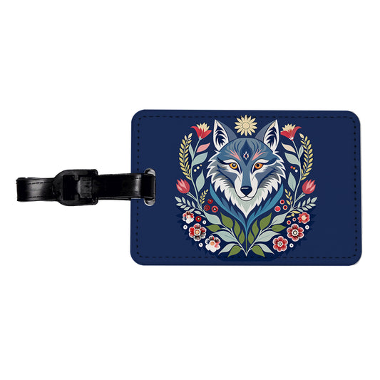 Wolf Floral Flowers Travel Faux Leather Luggage Tag