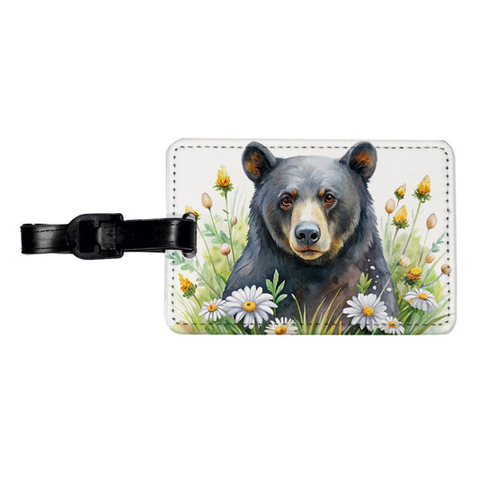 Black Bear Watercolor Design With Daisies Travel Faux Leather Luggage Tag