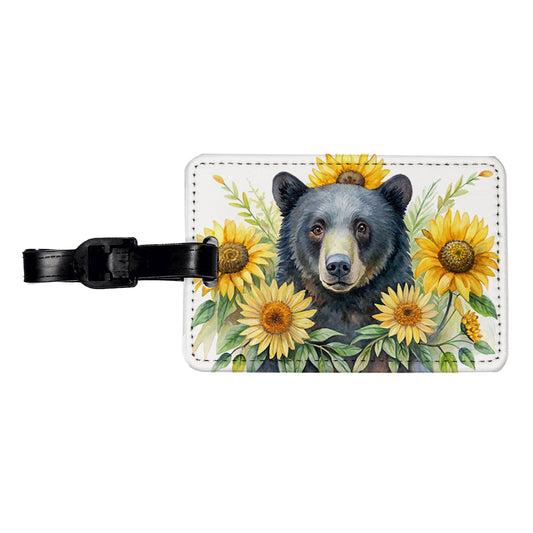 Black Bear Watercolor Design With Sunflowers Travel Faux Leather Luggage Tag