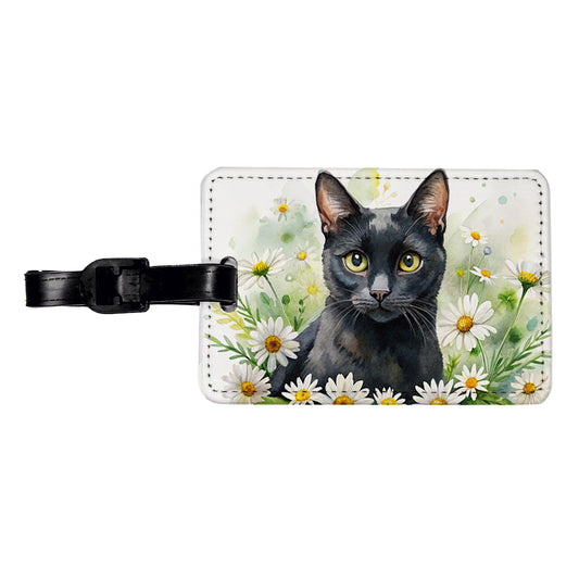 Black Cat Watercolor Design With Daisies Travel Faux Leather Luggage Tag