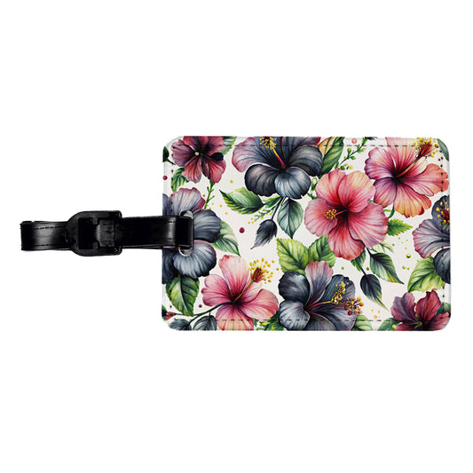 Black Pink Hibiscus Flowers Watercolor Travel Faux Leather Luggage Tag