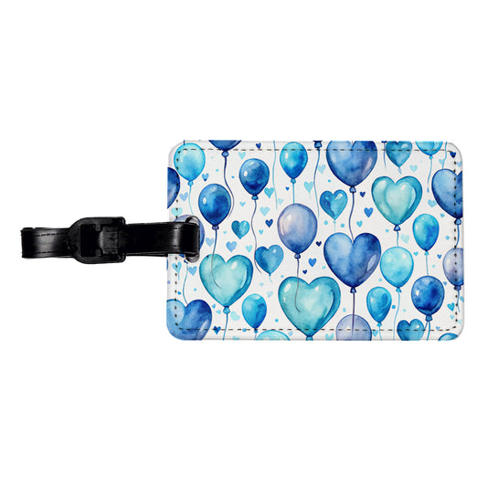 Blue Balloons Hearts Watercolor Birthday Travel Faux Leather Luggage Tag